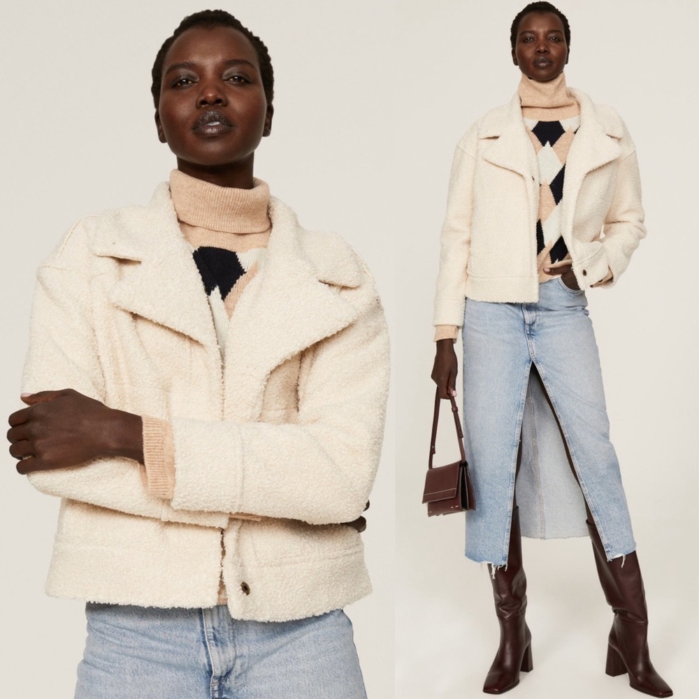 NWT MARINE‎ LAYER Ivory Recycled Sherpa Boxy Cropped Button Up Trucker Jacket L